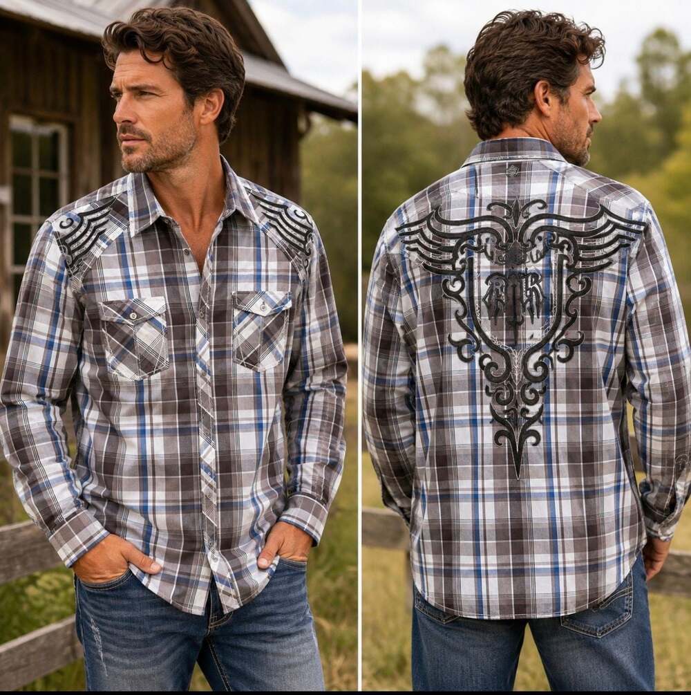 ROAR Buckle Men’s 3XL Plaid Embroidered Western Shirt Y2K Gray Blue Button Up
